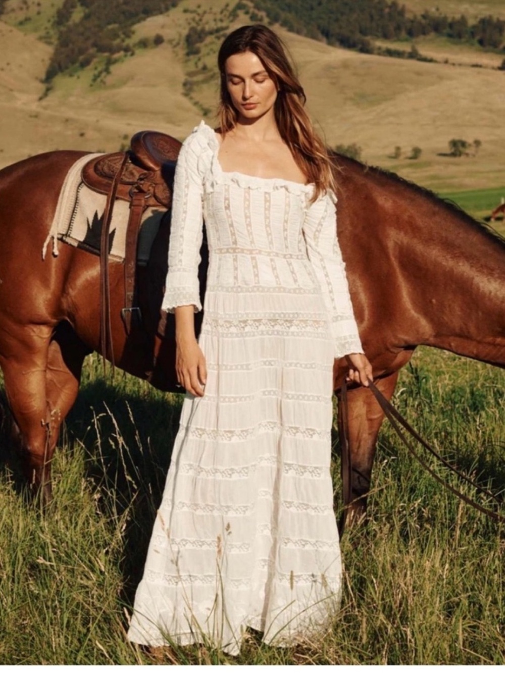 Doen Ivory Lace Maxi Dress with Square Neck